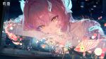  1girl absurdres aemeath_(wuthering_waves) aerial_fireworks chinese_commentary closed_mouth commentary_request elbow_gloves fireworks gloves hair_ornament highres koi lantern_festival logo night official_art orange_eyes pink_hair solo star-shaped_pupils star_(symbol) symbol-shaped_pupils white_gloves wuthering_waves 