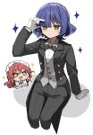  alternate_costume arm_support black_bow black_bowtie black_tailcoat blue_hair blush bocchi_the_rock! bow bowtie butler buttons chinami_ura closed_mouth feet_out_of_frame female_butler grey_vest hair_ornament hairclip hand_in_own_hair hashtag-only_commentary highres invisible_chair kita_ikuyo long_sleeves maid maid_headdress open_mouth parallel_hairclips red_hair shirt short_hair simple_background sitting sparkle sparkling_eyes vest white_background white_shirt yamada_ryo 