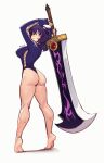  1girl ao_no_kiseki artist_name ass ass_focus bare_legs barefoot breasts commentary cross-laced_clothes cross-laced_leotard eiyuu_densetsu english_commentary fingerless_gloves full_body gloves greatsword highres holding holding_behind_back holding_sword holding_sword_behind_back holding_weapon holding_weapon_behind_back large_breasts leotard looking_at_viewer medium_hair purple_eyes purple_gloves purple_hair purple_leotard raichiyo33 rixia_mao simple_background solo standing sword thighs thong_leotard tiptoes weapon white_background zero_no_kiseki 