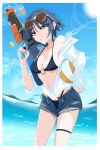  1girl absurdres ball beachball bikini bikini_under_clothes black_bikini blue_hair bocchi_the_rock! border breasts choppy_bangs closed_mouth cloud commentary cowboy_shot cutoffs day denim denim_shorts dorawan expressionless eyewear_on_head hand_up highres holding holding_ball holding_beachball holding_water_gun medium_breasts navel o-ring o-ring_bikini ocean open_clothes open_fly open_shirt open_shorts orange-tinted_eyewear outdoors shirt short_hair shorts solo split_mouth standing stomach sun super_soaker swimsuit thigh_strap tinted_eyewear torn_clothes torn_shorts water water_gun white_border white_shirt yamada_ryo yellow_eyes 