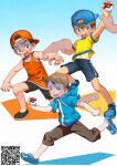  3boys arm_up autumn_snow backwards_hat baseball_cap black_shoes black_shorts blue_hat blue_shoes brown_eyes brown_hair capri_pants child commentary constricted_pupils disembodied_hand english_commentary grabbing_another's_arm hat holding holding_poke_ball hood hood_down knees legs_apart male_focus multiple_boys navel open_mouth orange_hat orange_shirt pants poke_ball poke_ball_(basic) pokemon pokemon_bw pokemon_oras pokemon_xy qr_code scared shirt shoes short_hair short_sleeves shorts sleeveless sleeveless_shirt sweat tassel yellow_shirt youngster_(pokemon) 
