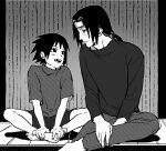  2boys aged_down barefoot child commentary_request facial_mark forehead_protector greyscale gyogyo_hjj headband highres indian_style korean_commentary low_ponytail male_focus missing_tooth monochrome multiple_boys naruto_(classic) naruto_(series) pants ponytail shirt sitting turtleneck turtleneck_shirt uchiha_itachi uchiha_sasuke 