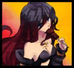  1girl black_hair blue_eyes breasts cleavage crow_(gravity_daze) detached_sleeves food gravity_daze gravity_daze_2 hair_over_one_eye long_hair long_sleeves multicolored_hair red_hair skewer two-tone_hair 