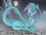 2_horns blue_body blue_fur blue_horn butt disney dragon eastern_dragon female feral full_moon fur furred_dragon furred_scalie genitals hair hi_res horn long_body long_tail moon mythological_creature mythological_scalie mythology piranha_fish presenting presenting_hindquarters purple_hair raya_and_the_last_dragon scalie sisu_(ratld) slim_female solo tail tail_anus tail_tuft tongue tongue_out tuft vulva