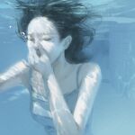  1girl air_bubble black_hair blue_camisole blue_theme breasts bubble camisole closed_eyes facing_ahead floating_hair highres holding_nose medium_breasts medium_hair oceanofyoon original pool solo spaghetti_strap tile_floor tile_wall tiles underwater upper_body 