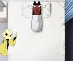 anthro baki_the_grappler bandage bed black_bodysuit black_clothing black_eyes black_nose black_skinsuit bodysuit clothed clothing duo eyebrows eyes_closed felid feline fur furniture gesture hand_gesture hi_res jiequan_(nine_sols) looking_at_viewer lying male mammal meme middle_finger nine_sols on_back on_bed porporpor red_body red_candle_games red_fur skinsuit solarian tan_body tan_fur thick_eyebrows tight_clothing white_eyebrows yellow_clothing yi_(nine_sols)