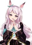  1girl absurdres animal_ears aqua_bow black_jacket black_skirt blush bow bowtie coat ear_bow ear_ribbon frilled_coat frilled_jacket frills highres horse_ears horse_girl jacket long_hair long_sleeves looking_at_viewer mejiro_mcqueen_(frontline_elegance)_(umamusume) mejiro_mcqueen_(umamusume) momami_mo_ma navel open_mouth own_hands_clasped own_hands_together pleated_skirt purple_eyes purple_hair ribbon shirt simple_background skirt smile solo striped_clothes striped_shirt teeth umamusume upper_teeth_only white_background 