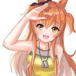  1girl absurdres animal_ears bare_shoulders blush bow breasts brown_ribbon collarbone commentary_request dog_tags ear_bow ear_ribbon guree_(haiiro) highres horse_ears horse_girl long_hair looking_at_viewer mayano_top_gun_(scramble_zone)_(umamusume) mayano_top_gun_(umamusume) open_mouth orange_hair ribbon salute shirt simple_background small_breasts smile solo teeth two_side_up umamusume upper_teeth_only white_background yellow_shirt 