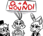  2015 animatronic anthro avian bear bib bird buckteeth chicken english_text female five_nights_at_freddy&#039;s five_nights_at_freddy&#039;s_2 group hat inkyfrog lagomorph machine male mammal open_mouth open_smile rabbit restricted_palette robot sign simple_background smile teeth text top_hat toy_bonnie_(fnaf) toy_chica_(fnaf) toy_freddy_(fnaf) video_games white_background 