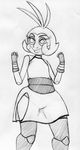  2015 animatronic anthro avian bird black_and_white chicken clothed clothing dress female five_nights_at_freddy&#039;s five_nights_at_freddy&#039;s_2 gloves inkyfrog machine monochrome robot simple_background smile solo standing toy_chica_(fnaf) traditional_media_(artwork) video_games white_background 