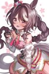  1girl absurdres ame_sagari animal_ears ascot bare_shoulders black_bridal_gauntlets blush braid breasts bridal_gauntlets brown_hair commentary_request corset detached_sleeves flower-shaped_pupils flower_in_eye hair_between_eyes highres horse_ears horse_girl horse_tail long_hair looking_at_viewer open_mouth pink_ascot pink_eyes pink_shirt pink_skirt sakura_chitose_o_(umamusume) shirt skirt smile solo symbol-shaped_pupils symbol_in_eye tail umamusume 
