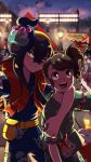  1boy 2girls :d ;) absurdres alternate_color arm_around_neck artist_name bird blue_shirt blurry blurry_background brown_eyes brown_hair candy_apple carmine_(pokemon) character_mask clodsire closed_eyes closed_mouth cloud crossed_bangs dated dipplin eyelashes fanny_pack festival festival_jinbei food food_stand fuecoco green_shirt hair_between_eyes highres hoothoot japanese_clothes jinbei_(clothes) juliana_(festival_jinbei)_(pokemon) juliana_(pokemon) kieran_(pokemon) lantern lens_flare mask mask_on_head multicolored_hair multiple_girls multiple_others munkidori night noctowl official_alternate_costume official_alternate_hairstyle one_eye_closed open_mouth outdoors pokemon pokemon_sv purple_hair second-party_source sentret shiny_pokemon shirt short_hair short_sleeves side_ponytail sinksanksockie sky smile star_(sky) starly teeth two-tone_hair upper_teeth_only v yellow_bag yellow_eyes 