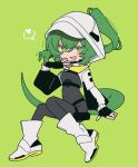  1girl arknights arknights:_endfield arm_support black_bodysuit black_gloves blush bodysuit boots commentary_request cropped_jacket fang fingerless_gloves fluorite_(arknights) full_body gloves green_background green_eyes green_hair green_tail heart highres hood hood_up hooded_jacket jacket long_hair open_mouth partial_commentary ponytail sanada_ima simple_background skin_fang smile snake_tail solo spoken_heart tail white_boots white_jacket 