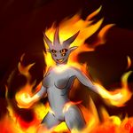  breasts elemental featureless_breasts female fire fire_elemental flaming_hair four_eyes fyxx hair horn humanoid monster_girl_(genre) multi_eye not_furry nude open_mouth pointy_ears smile solo standing thundragon 
