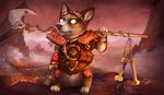  anthro armor bone bottomless canine clothed clothing corgi dog eyewear featureless_crotch firefeathers front_view full-length_portrait goggles goggles_on_forehead holding_object holding_weapon landscape lava magic_the_gathering male mammal melee_weapon parody polearm portrait solo standing weapon 