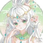  1girl artist_name bare_shoulders chinese_text circle collar detached_collar detached_sleeves english_text eyelashes flower gem gold_trim green_background green_eyes hair_flower hair_ornament hair_rings hand_up highres light_blush long_hair long_sleeves looking_at_viewer mole mole_under_eye original parted_lips pink_flower portrait sample_watermark sleeveless solo upper_body watermark white_background white_collar white_hair white_sleeves yuyiyu 