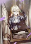  1girl ascot blonde_hair blue_eyes blue_jacket braid braided_bun brooch closed_mouth commentary curtains gem green_gem hair_bun highres holding holding_brooch jacket jewelry kuthi0510 letter light_smile mechanical_hands prosthesis puffy_sleeves shirt solo stuffed_animal stuffed_toy typewriter violet_evergarden violet_evergarden_(series) white_ascot white_shirt 
