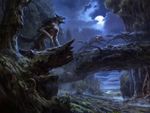  adam_paquette canine cloud forest howl landscape magic_the_gathering mammal moon official_art open_mouth running semi-anthro sharp_teeth teeth tree were werewolf 