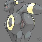  butt eeveelution female feral grey_background looking_at_viewer looking_back nintendo pcred566 pok&eacute;mon presenting pussy raised_tail simple_background solo standing umbreon video_games 
