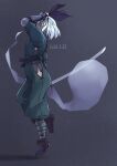  1girl adversarial_noise alternate_costume ankle_wrap arm_armor armor black_ribbon blue_eyes blue_hair blue_shoes breasts clothing_cutout commentary_request dated from_side full_body green_pants green_shirt hair_ribbon hip_vent holding holding_sword holding_weapon katana konpaku_youmu konpaku_youmu_(ghost) leg_up long_sleeves looking_back medium_breasts odaibako pants rangycrow ribbon shirt shoes short_hair sideways_glance solo sword touhou weapon 
