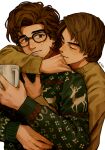  2boys arm_around_neck artist_name black-framed_eyewear brown_eyes brown_hair c-fish christmas_sweater closed_eyes closed_mouth commentary cup glasses highres holding holding_cup hug hug_from_behind jonathan_byers male_focus mole mole_on_cheek multiple_boys parted_bangs parted_lips short_hair smile steve_harrington stranger_things sweater swept_bangs untranslatable_commentary upper_body white_background yaoi yellow_sweater 