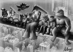  absurdres archecopeteryx belt building cigarette city claws closed_eyes closed_mouth commentary darumaka english_commentary flying food fruit greyscale hand_on_another's_shoulder highres holding holding_cigarette holding_food holding_fruit horns lunch_atop_a_skyscraper_(photograph) machoke machop marshadow medicham meltan monochrome murkrow muscular nut_(hardware) open_mouth parody perrserker photo_background pokemon pokemon_(creature) pokemon_focus sharp_teeth signature sitting skyscraper smile smoke steel_beam teeth tyrogue 