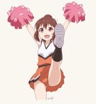  1girl :d anima_yell! arms_up bangs beige_background black_legwear blush brown_eyes brown_hair cheerleader hair_bun holding kneehighs kneepits leg_up miniskirt open_mouth orange_skirt pleated_skirt pom_poms shoe_soles simple_background skirt sleeveless smile solo sunsun69 tank_top tatejima_kotetsu 