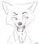  anthro blood boreoboros canine clothed clothing disney fox fur grin half-closed_eyes hi_res mammal monochrome nick_wilde red_eyes sharp_teeth shirt signature simple_background smile teeth white_background zootopia 