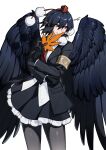  1girl absurdres armband black_gloves black_hair black_jacket black_pantyhose black_wings brown_armband commentary_request crossed_arms feathered_wings gloves grin hat highres himadera jacket long_sleeves necktie pantyhose pointy_ears pom_pom_(clothes) red_eyes red_hat red_necktie shameimaru_aya shirt smile solo tokin_hat touhou translation_request twitter_username white_shirt wings 