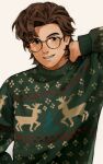  1boy black-framed_eyewear brown_hair c-fish christmas_sweater commentary_request deer_print glasses green_sweater hand_on_own_neck looking_at_viewer male_focus mole mole_on_cheek parted_bangs parted_lips short_hair smile solo steve_harrington stranger_things sweater swept_bangs teeth upper_body white_background 