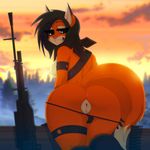  anthro big_butt black_hair breasts butt canine chococosalo clothing female fox gun hair huge_butt kneeling looking_at_viewer looking_back mammal nipples outside panties panties_down presenting presenting_hindquarters presenting_pussy pussy ranged_weapon rifle smile sniper_rifle solo sunset thick_thighs tree underwear weapon 
