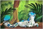  black_nose blue_hair blue_pawpads day detailed_background feline female feral fur green_eyes hair leopard looking_at_viewer lying mammal nude outside pawpads vivial white_fur 