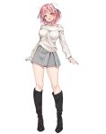  1girl alternate_costume amagi_(amagi626) bandaged_arm bandages black_boots blush boots breasts bun_cover commentary_request contemporary double_bun full_body grey_skirt hair_bun highres ibaraki_kasen knee_boots large_breasts long_sleeves looking_at_viewer medium_hair open_mouth pink_eyes pink_hair simple_background skirt smile solo sweater touhou variant_set white_background white_sweater 