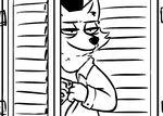  al_(weaver) anthro canine closet clothed clothing disney door fur half-closed_eyes inkyfrog male mammal monochrome pack_street seductive smile solo undressing wolf zootopia 
