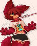 4_fingers absurd_res ambiguous_gender anthro belly big_ears biped bottomwear claws clothing collar english_description english_text fingers front_view fur furred_kobold furred_scalie gaogomon gaogomon_(oc) geometric_background grid_background hair hi_res kobold leash leash_pull leashed_collar one_eye_closed pattern_background pawpads paws print_clothing print_shirt print_t-shirt print_topwear red_body red_fur red_hair scalie shirt short_hair shorts simple_background solo standing t-shirt tail text text_on_clothing text_on_shirt text_on_topwear topwear wearing_collar