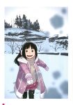  1girl absurdres black_eyes black_hair black_pantyhose border coat earmuffs gloves highres long_hair looking_at_viewer open_clothes open_coat open_mouth original outdoors page_number pantyhose pink_skirt skirt snow solo sweater takamichi throwing turtleneck turtleneck_sweater white_border white_sweater 