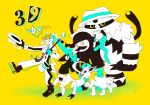  1girl absurdres boots cane clip_studio_paint_(medium) closed_mouth clothed_pokemon commentary drgnanim electivire electric_miku_(project_voltage) english_commentary eyelashes facial_hair fang gloves hat hatsune_miku heliolisk highres holding holding_cane holding_unworn_clothes holding_unworn_hat jolteon limited_palette long_hair long_sleeves miku_day mr._rime mustache open_mouth pokemon pokemon_(creature) pokemon_team project_voltage rotom rotom_(normal) signature smile teeth top_hat unworn_hat unworn_headwear upper_teeth_only vocaloid 