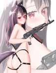  1girl absurdres ak-47 ak-74 ak-74m animal_ears ass ass_focus assault_rifle back belt black_hair cat_ears cat_tail gun harness highres kalashnikov_rifle kotash long_hair looking_at_viewer looking_back o-ring o-ring_belt o-ring_harness original panties red_eyes rifle solo tail underwear weapon 