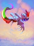  2017 blue_feathers blue_fur cloud cloudscape cutie_mark equine eyes_closed feathered_wings feathers female friendship_is_magic fur hair hi_res imalou mammal multicolored_hair multicolored_tail my_little_pony outside pegasus rainbow_dash_(mlp) rainbow_hair rainbow_tail sky solo swing swinging wings 