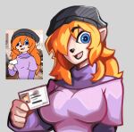  anthro beanie blue_eyes boxx_wrench clothing female hair hat headgear headwear hi_res id_card lipstick makeup mammal mindy_latour orange_hair purple_clothing purple_shirt purple_topwear sega shirt smile solo sonic_the_hedgehog_(series) sonic_underground topwear 