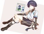  1boy aqua_trim arm_at_side armor black_boots black_hair black_shirt black_shorts blue_gem blunt_ends boots border bridal_gauntlets casual character_name choppy_bangs collared_shirt contemporary crossed_legs eyelashes eyeliner feathers full_body garter_straps gem genshin_impact gold_trim grey_background grey_bridal_gauntlets grey_socks hand_on_own_knee highres japanese_armor kote kurokote lace-up_boots layered_shirt looking_at_viewer makeup male_focus official_alternate_costume official_art_inset open_collar pom_pom_(clothes) purple_eyes purple_trim red_eyeliner reference_inset scaramouche_(genshin_impact) shirt short_sleeves shorts simple_background sitting socks solo takura_0103 turtleneck turtleneck_shirt twitter_username undershirt vision_(genshin_impact) wanderer_(genshin_impact) white_border white_shirt white_sleeves yellow_feathers 