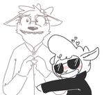  &lt;3 anthro blush bow_tie braces canine caprine claws clothed clothing disney duo eyewear female glasses jacket leather leather_jacket male mammal monochrome pack_street rachel_howlins_(weaver) sammy_woolworth_(weaver) sheep shy simple_background size_difference smile sunglasses the_weaver white_background wolf zootopia 