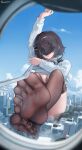  1girl absurdres aircraft airplane airplane_interior arknights arknights:_endfield arm_up artist_name black_hair black_pantyhose blindfold_mask blue_sky breasts building city cloud commentary_request destruction endministrator_(arknights) feet female_endministrator_(arknights) foot_focus highres large_breasts long_sleeves mask mousedic07 pantyhose pov ribbed_sweater short_hair sitting sky skyscraper solo sweater white_sweater 