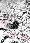  1girl absurdres bare_tree bow bowtie chinese_commentary collared_shirt commentary_request greyscale hairband highres hitodama hitodama_print konpaku_youmu konpaku_youmu_(ghost) long_sleeves looking_at_viewer monochrome outdoors pleated_skirt qingwa_chi_she saigyou_ayakashi shirt shoes short_hair skirt snow solo spot_color stairs touhou tree vest 