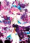  1girl abstract_background blue_hat blue_kimono bug butterfly closed_eyes closed_mouth commentary cowboy_shot facing_viewer hat japanese_clothes kimono long_sleeves mirimo mob_cap petals pink_hair pink_petals saigyouji_yuyuko short_hair smile solo splatter touhou triangular_headpiece wide_sleeves 