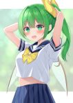  1girl alternate_costume arms_up blue_sailor_collar blue_skirt blush bow bowtie breasts commentary_request contemporary daiyousei fairy fairy_wings green_eyes green_hair hair_bow highres looking_at_viewer medium_breasts open_mouth pleated_skirt ponytail sailor_collar school_uniform shirt skirt solo suigetsu_(watermoon-910) touhou white_shirt wings yellow_bow yellow_bowtie 