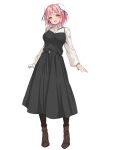  1girl alternate_costume amagi_(amagi626) bandaged_arm bandages belt black_belt black_dress blush boots breasts brown_boots bun_cover commentary_request contemporary double_bun dress full_body hair_bun highres ibaraki_kasen large_breasts long_sleeves looking_at_viewer medium_hair open_mouth pink_eyes pink_hair simple_background smile solo sweater touhou variant_set white_background white_sweater 