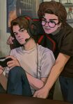  2boys action_figure alternate_universe artist_name black-framed_eyewear black_shirt blue_pants brown_hair c-fish chair closed_mouth commentary_request contemporary controller dead_by_daylight demogorgon_(stranger_things) denim gaming_chair glasses headphones headset highres holding holding_controller jeans jonathan_byers leaning_forward male_focus mole mole_on_arm mole_on_cheek multiple_boys open_mouth pants parted_bangs shirt short_hair sitting smile steve_harrington stranger_things swept_bangs swivel_chair t-shirt twitter_username upper_body white_shirt 