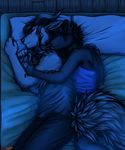  2017 anthro bat clothed clothing detailed_background duo entalonus eyes_closed faraden female futon glowing glowing_eyes horn hug invalid_tag male mammal night pillow psycrhen ratte red_eyes ruun sleeping smile story story_in_description 