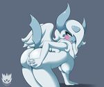  2017 after_sex anthro anthrofied anus areola bent_over big_breasts blush breasts cum cum_in_ass cum_in_pussy cum_inside english_text female fur grey_background grey_fur grey_nipples hand_on_butt latiar looking_at_viewer mega_absol mega_evolution nintendo nipples nude pink_eyes pok&eacute;mon pussy raised_tail side_boob simple_background solo text tongue tongue_out video_games watermark white_fur wings 